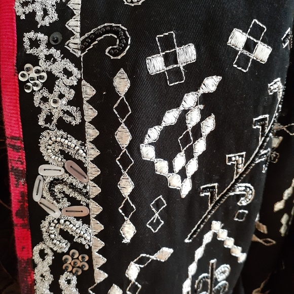 Notations Cotton Jacket Cardigan Silver Embroidery Beads Size S Black Red Artsy - Picture 9 of 17